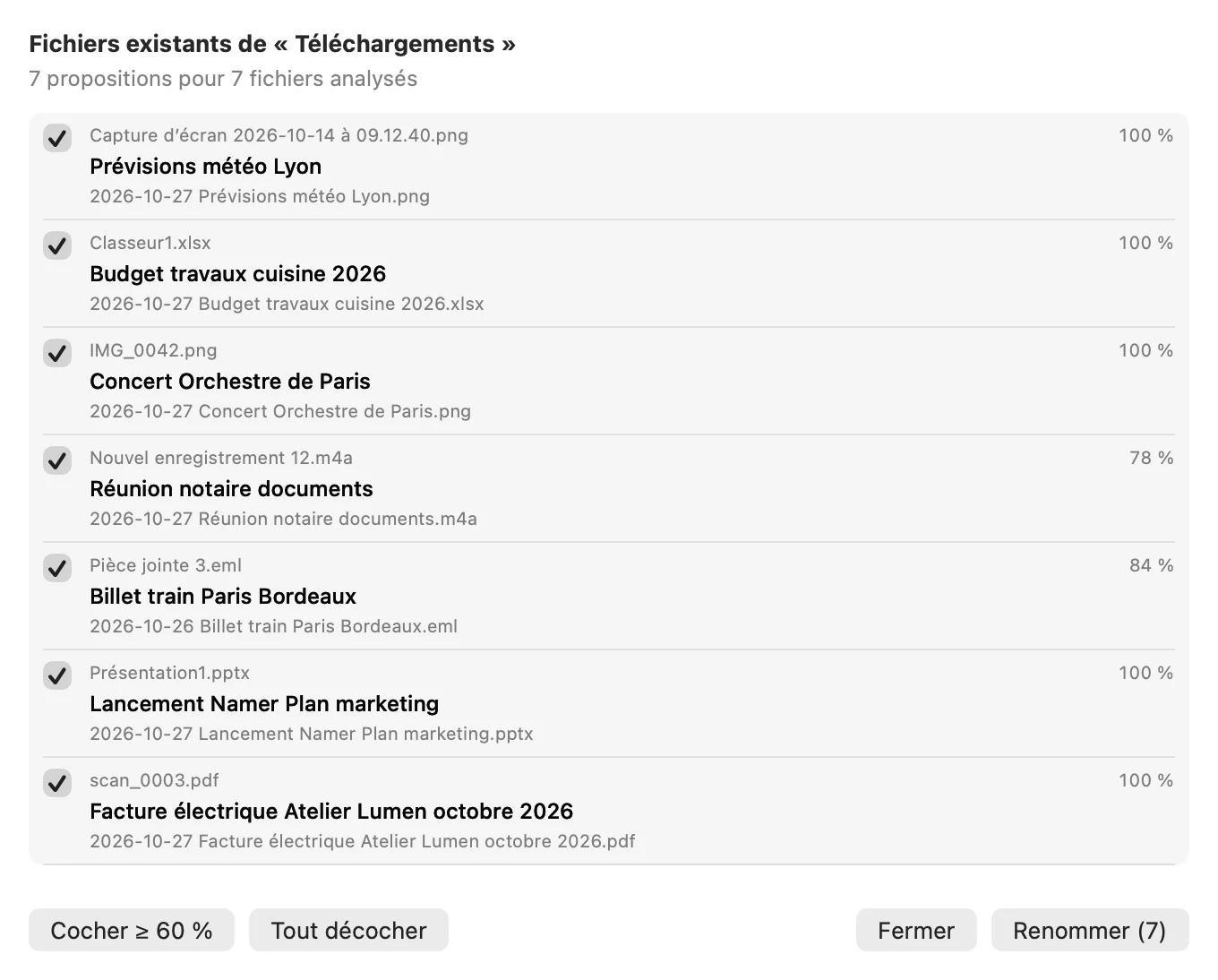 Fenêtre « Fichiers existants » de Namer : sept fichiers avec leur nom d’origine, le nom proposé et un pourcentage de confiance.